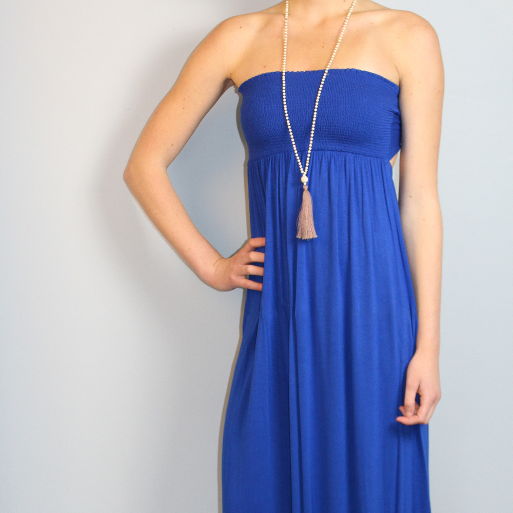 Royal Blue Strapless Maxi Dress Open Back Bow